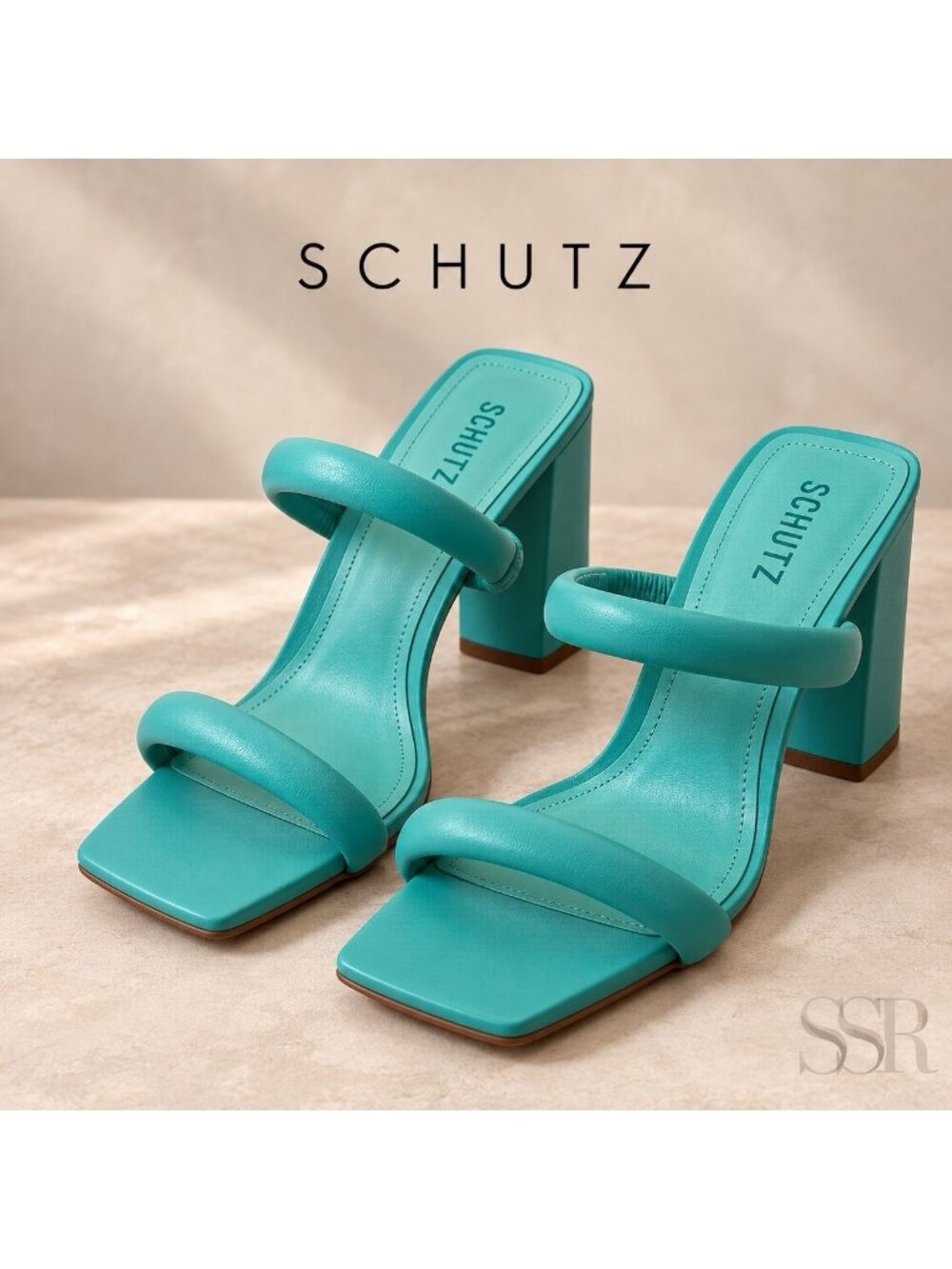 SCHUTZ Ully Aqua Nappa Leather Square Toe Block Heel Sandals 8B NWOB
